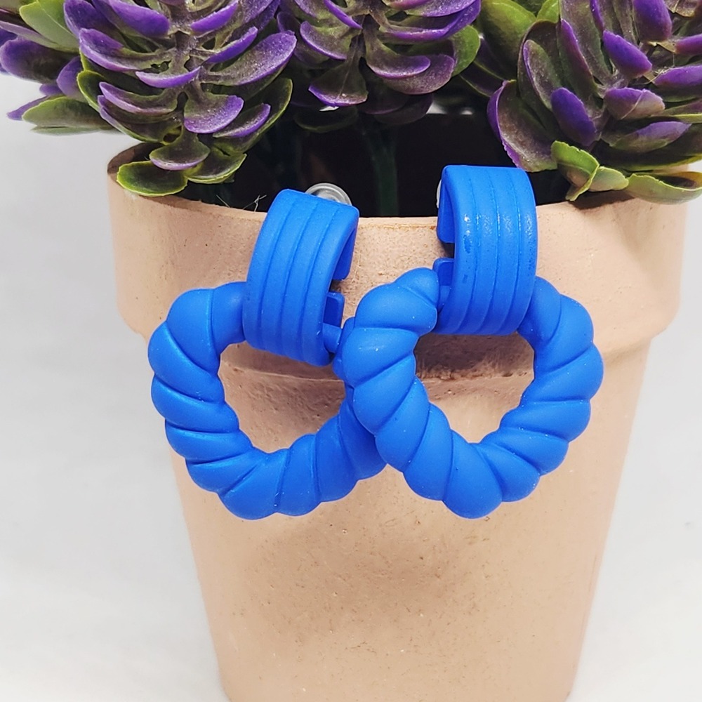 Blue Matte Twisted Door Knocker Drop Earrings Statement Ribbed Hoop Cobalt